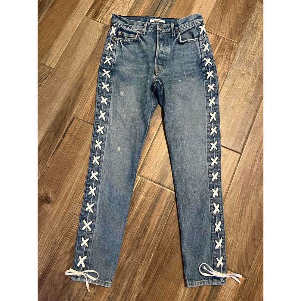GRLFRND Jeans Karolina Blue 100% Cotton USA White Shoe Lace Sz 25 EUC